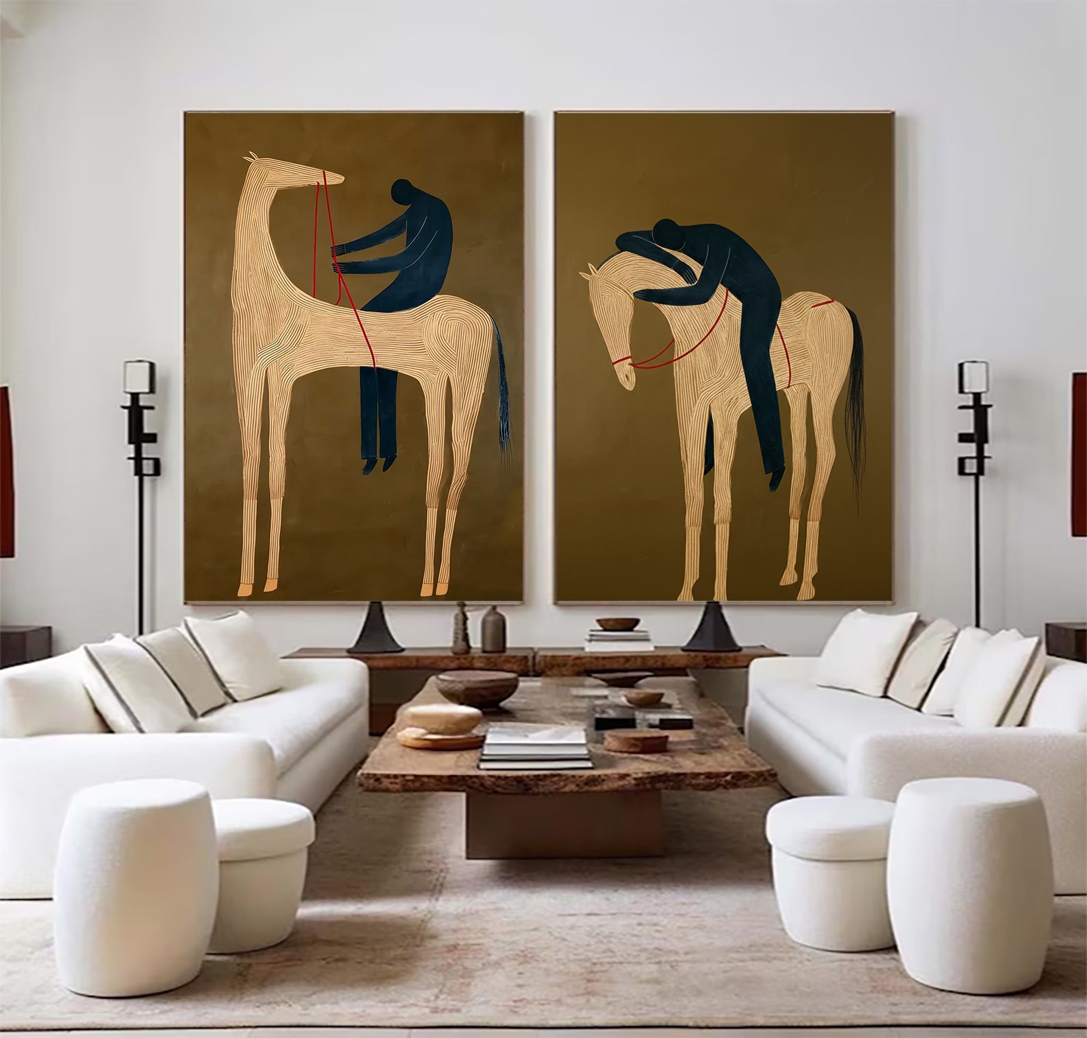 Set of 2 Equestrian Art Decor Minimalist Horse and Man Painting