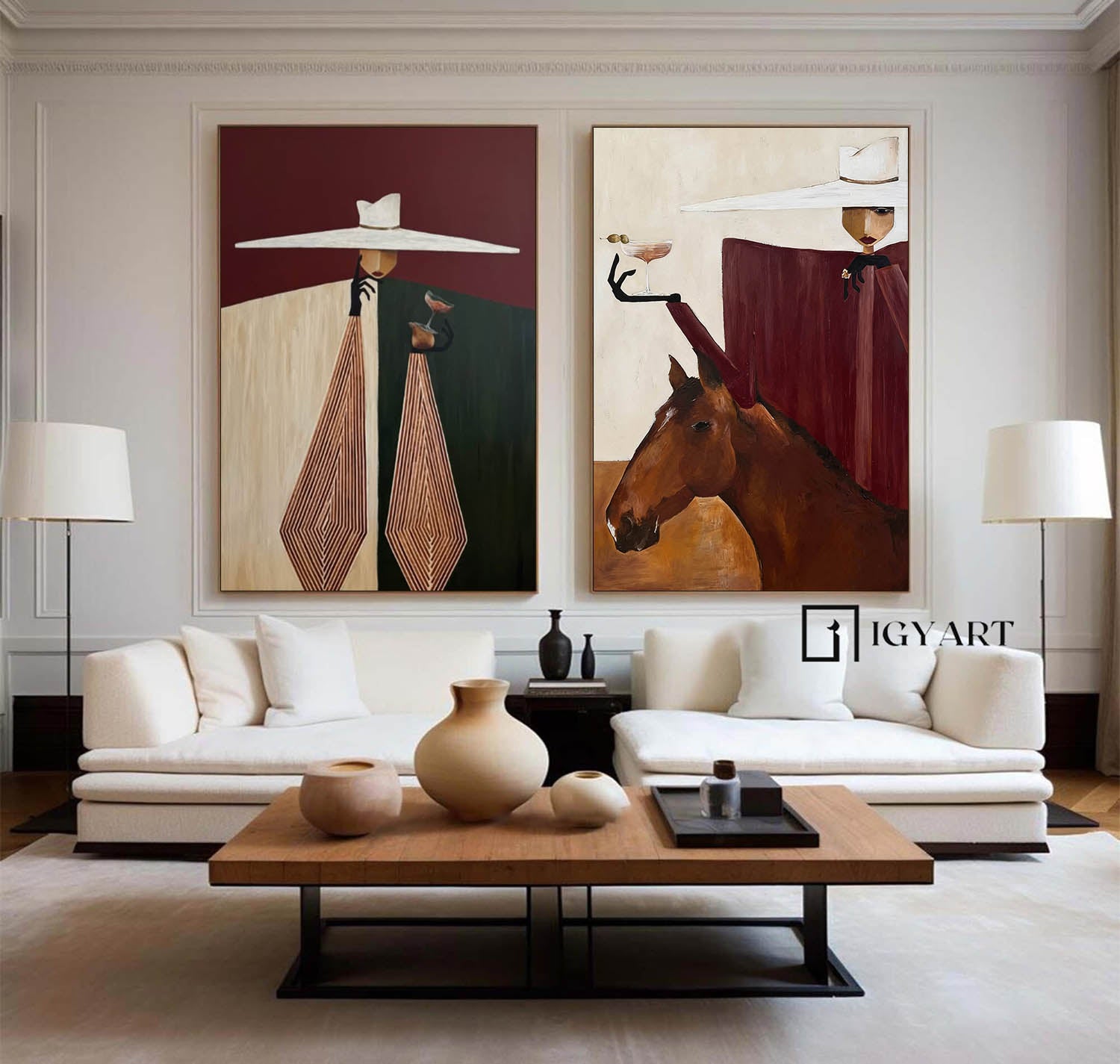 Mid-Century Modern Minimalist Figurative Oil Painting - Sophisticated Lady with Horse Canvas Wall Art