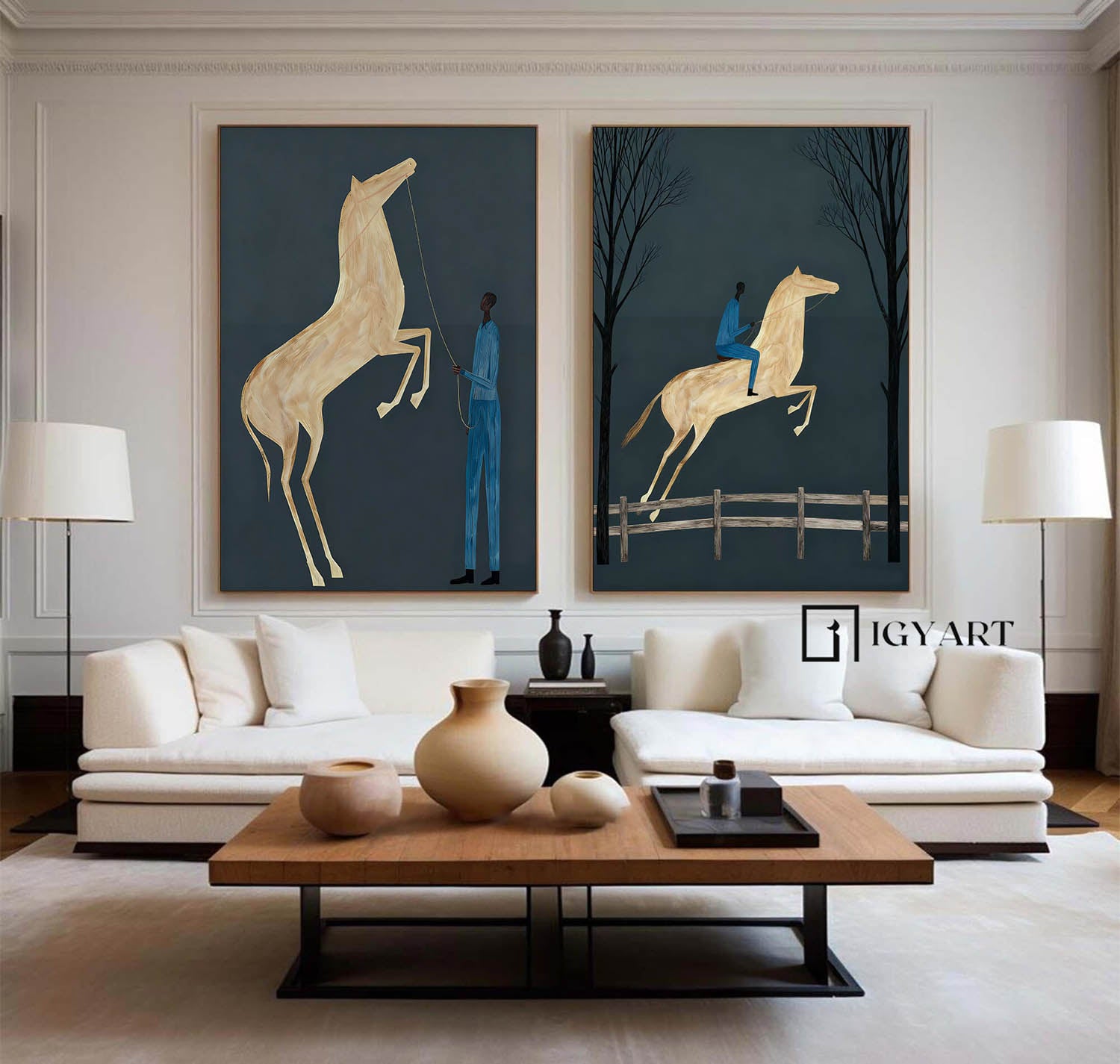 Modern Minimalist Equestrian Oil Painting Set - Deep Teal Horse Wall Art  for Living Room