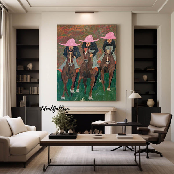 Pink hat man riding horse abstract painting pink hat man abstract art man riding horse abstract painting