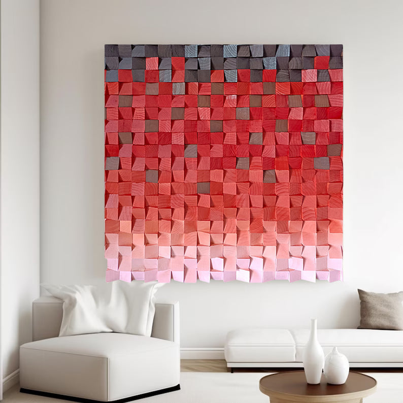 Wood wall Decor Red Wood Block Art Geometric Wood Art Sculptured art