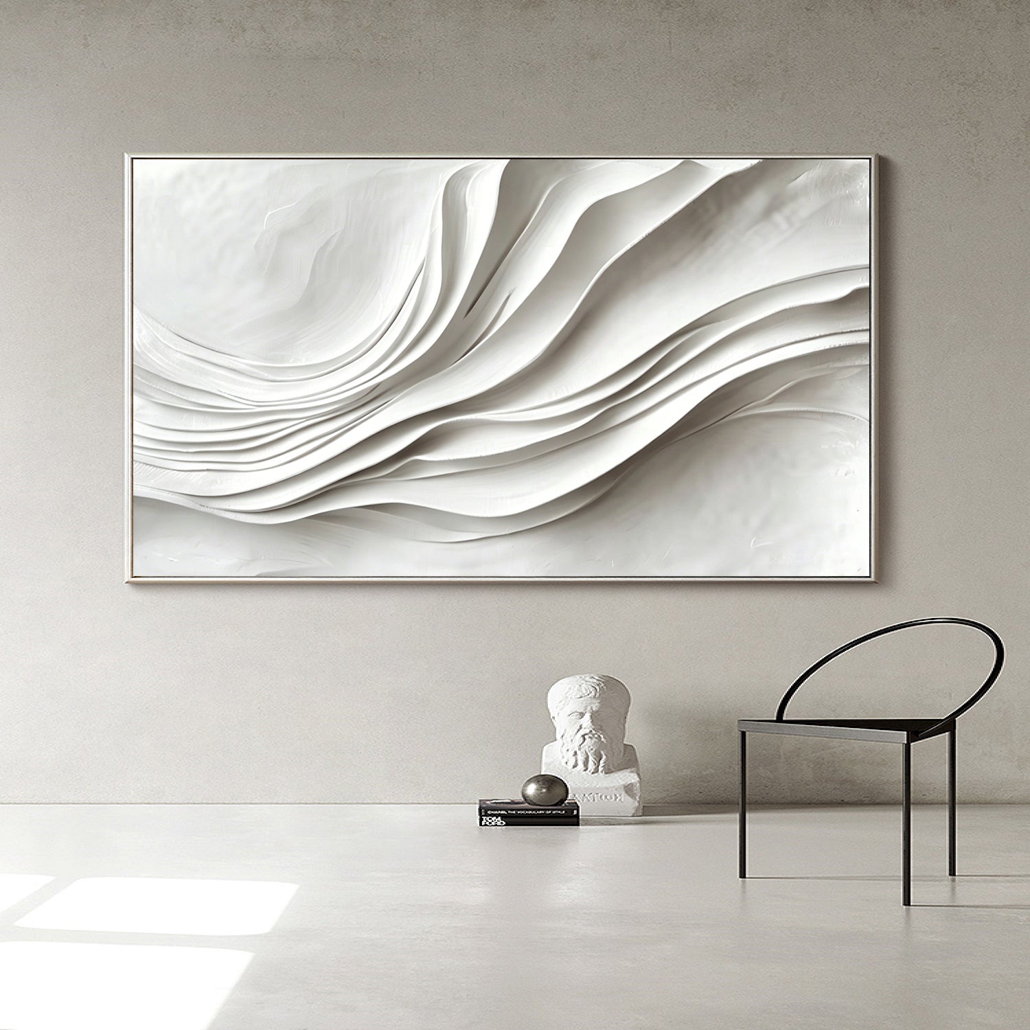 Large White 3D Textured Flowing Wave Wall Art - Modern Minimalist Wood Relief Painting for Living Room