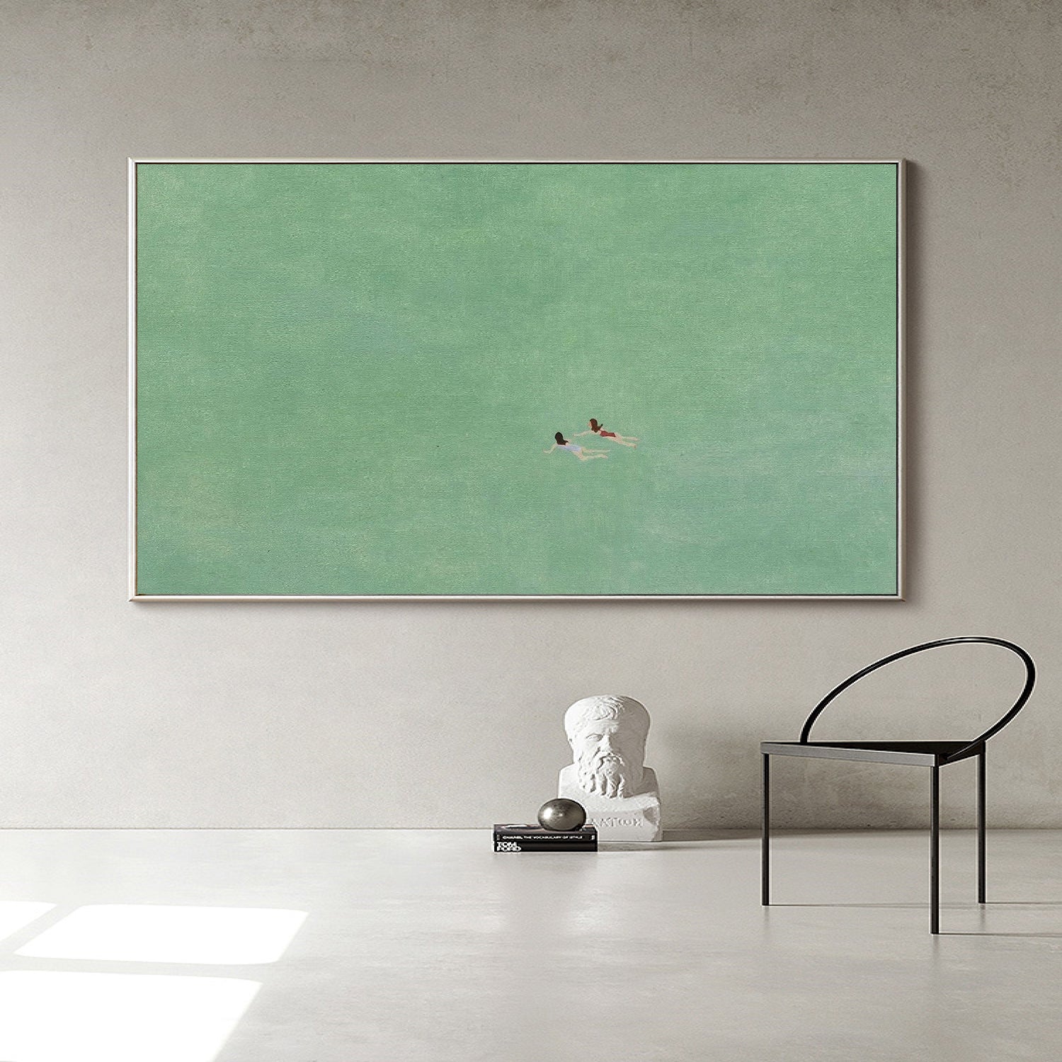 green abstract art two girls swimming painting green texture wall art