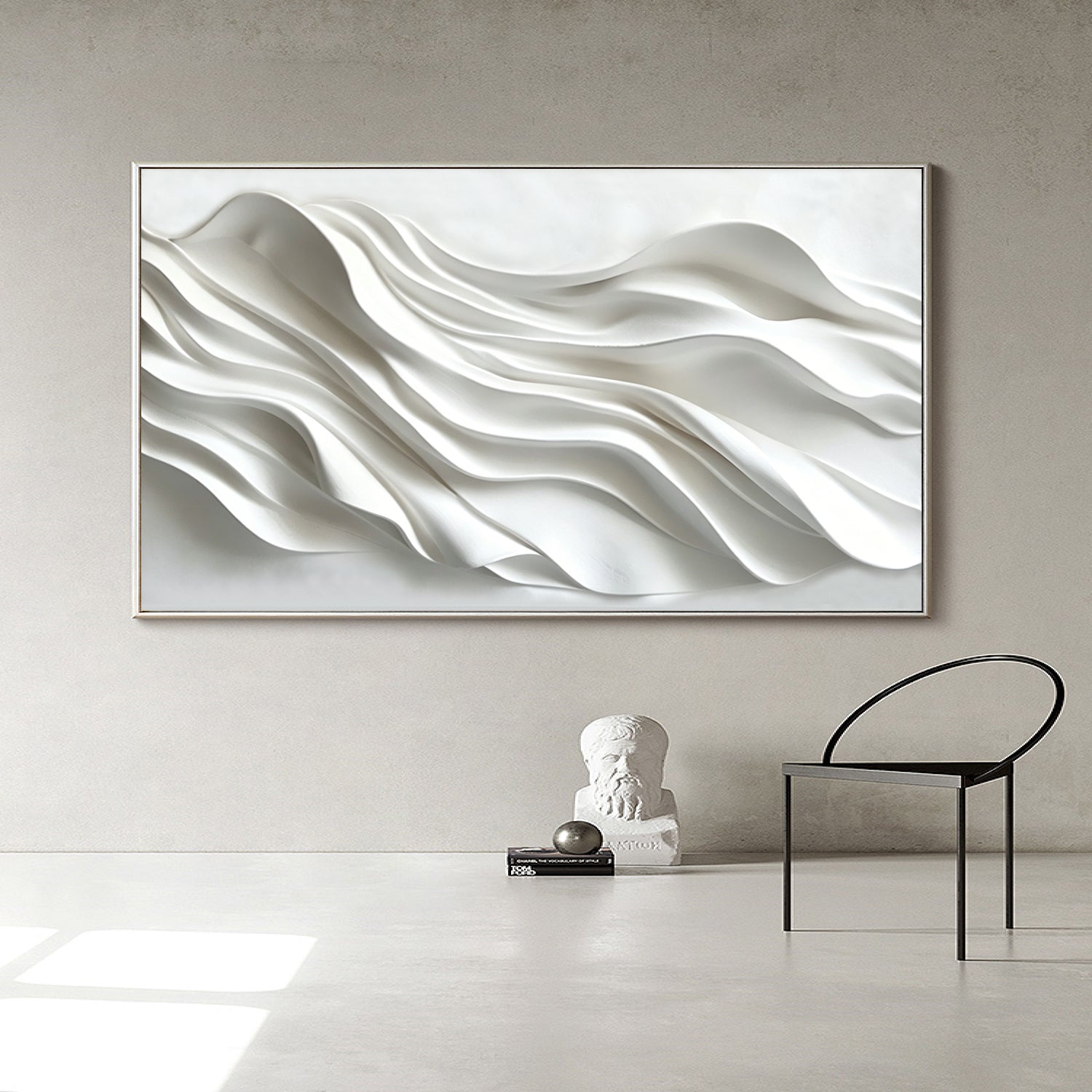 Large 3D Wave Wood Carving Wall Art Hand-Sculpted White Abstract Panel for Living Room Decor