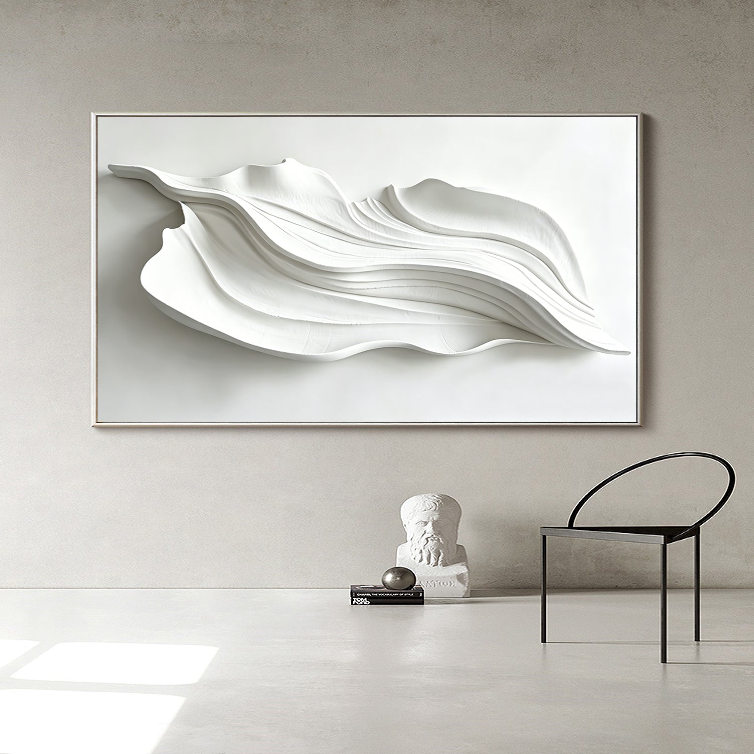 Large White 3D Abstract Wood Wall Art – Organic Flowing Carved Panel – Contemporary Japandi Style