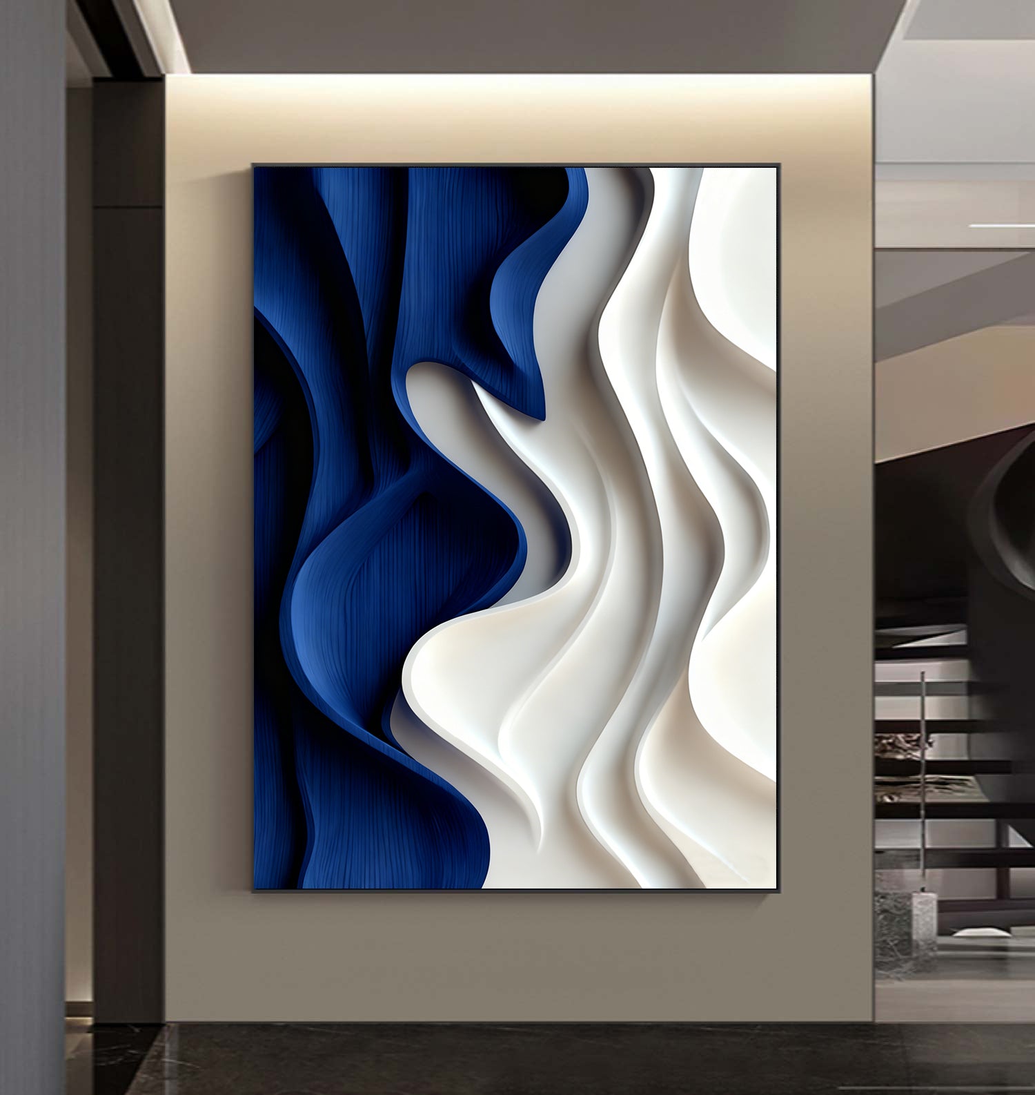 Blue Sculptured art Painting Wood carving wall art Blue 3D Textured Wall art