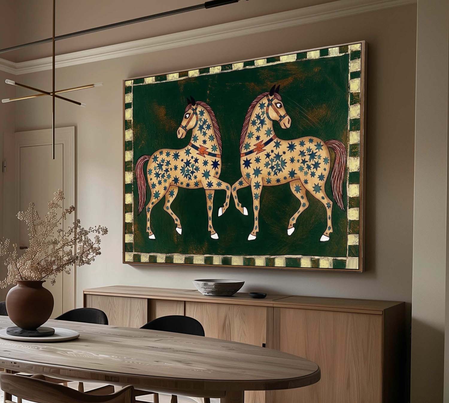 Mid-Century Modern Twin Horses Oil Painting - Folk Art Celestial Stars on Dark Green Canvas