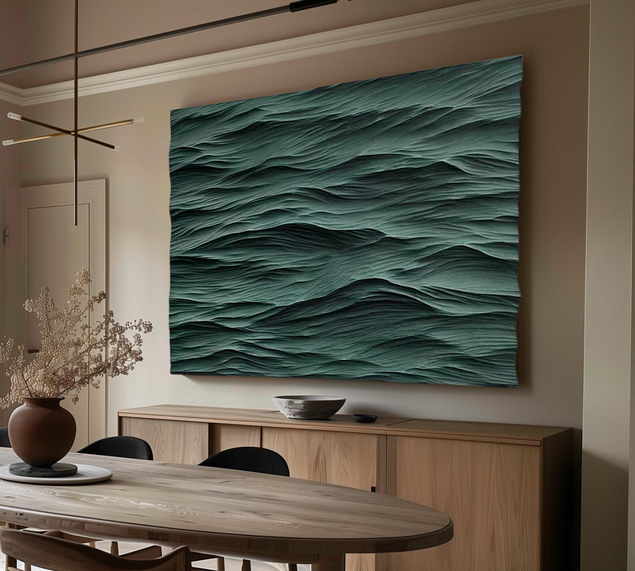 Green wave Wood Carving Wall Art: Abstract 3D Textured Sculpture art