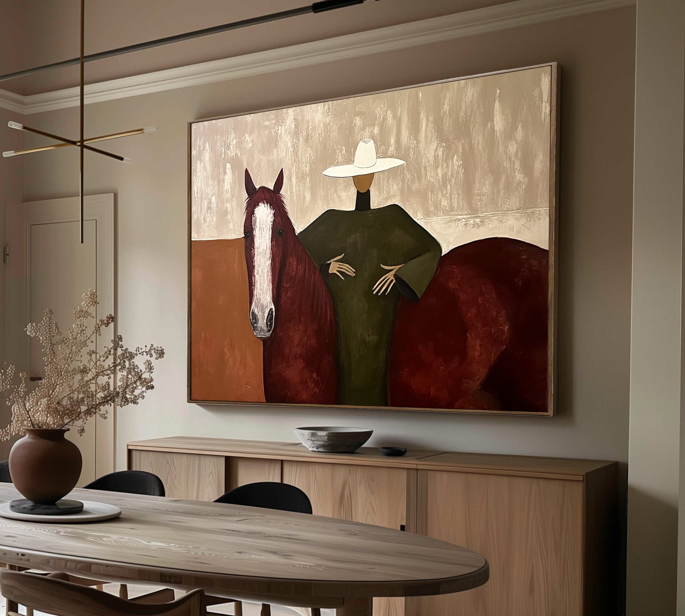 Modern Woman and Horse Painting Wabi-sabi Luxury Living Room Decor