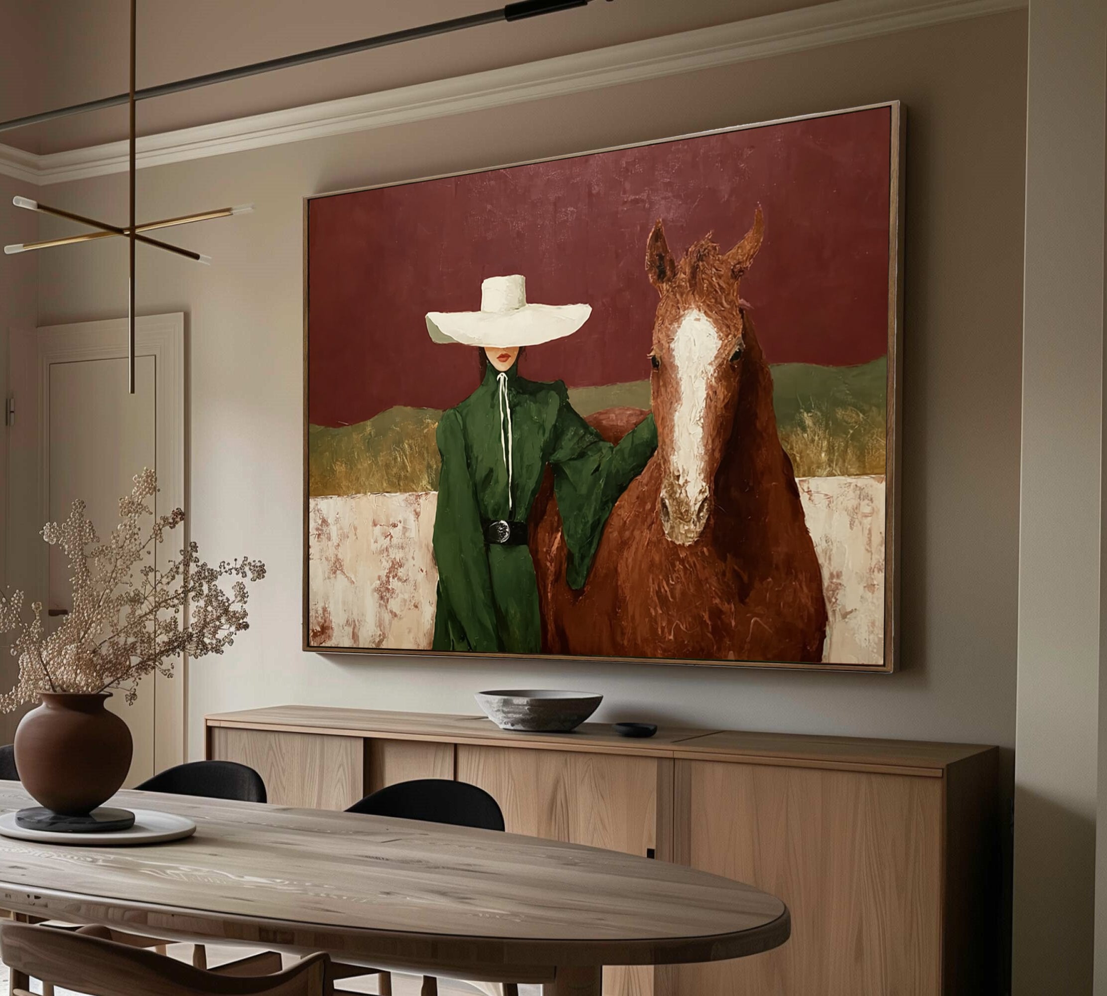 Modern Woman and Horse Painting Earthy Tones Boutique Hotel Art  