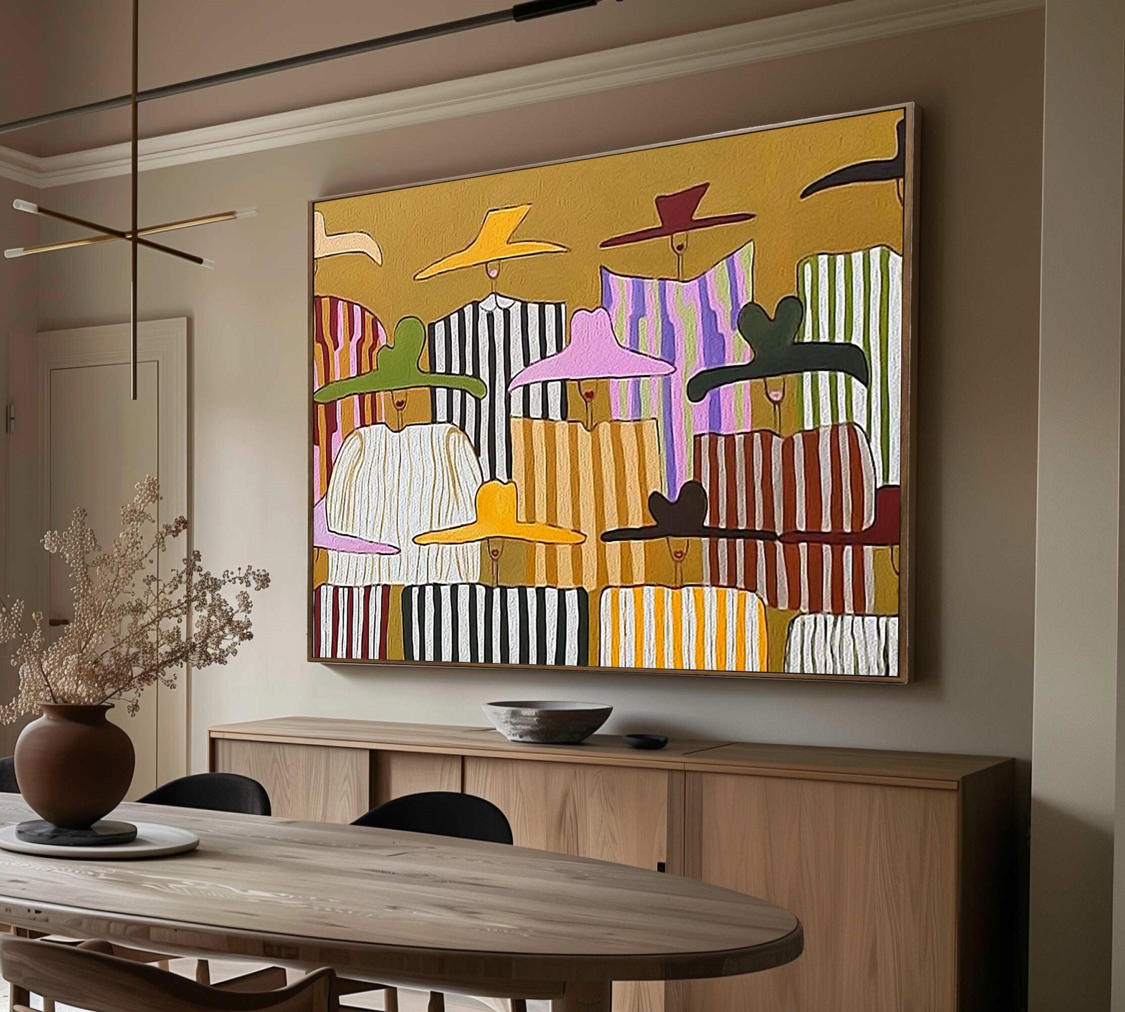 Large Abstract Pop Art Oil Painting for living room- Colorful Chic Ladies in Sun Hats 
