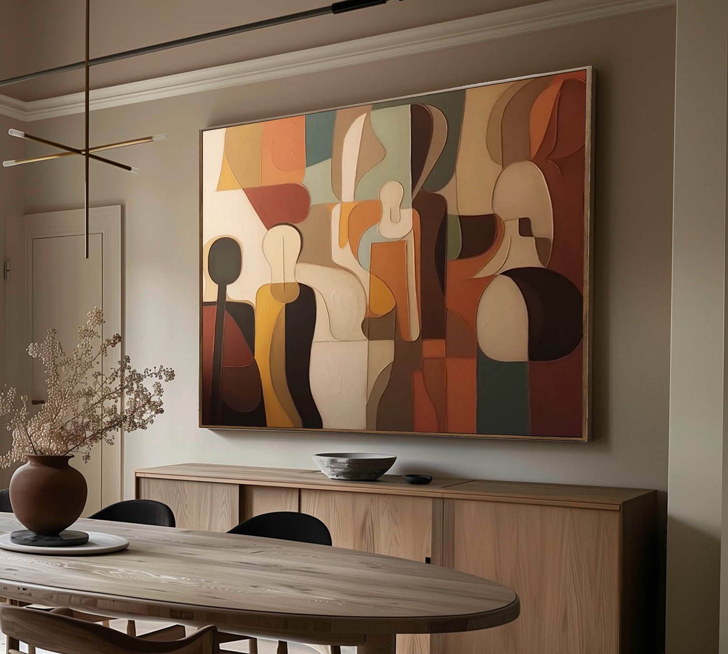 Modern Abstract Geometric Oil Painting - Large 3D Textured Earth Tone Wall Art