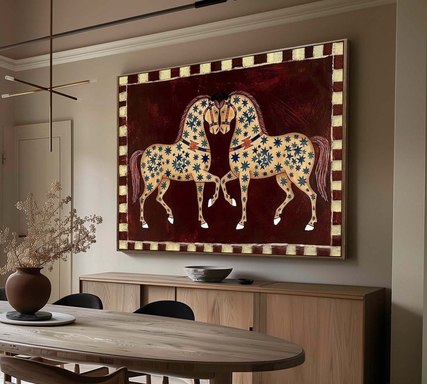Mid-Century Modern Twin Horses Painting - Minimalist Ethnic Style Double Horse Painting