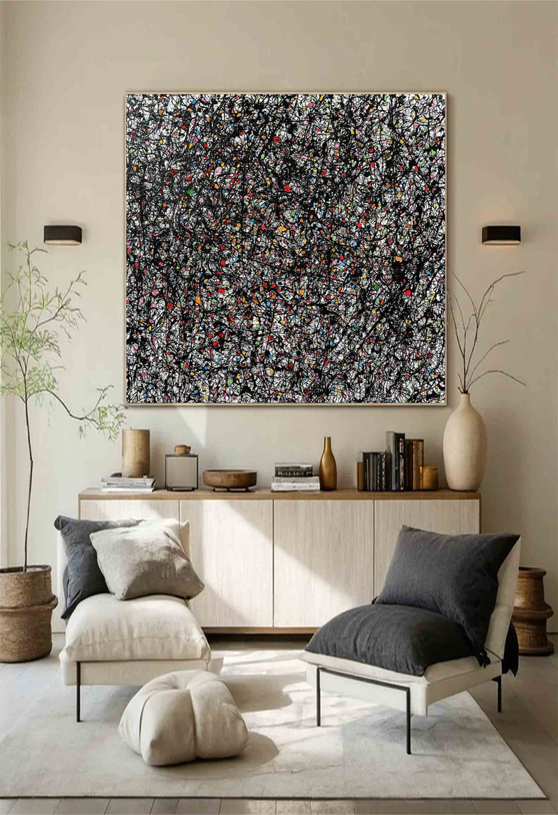 Pollock Style Abstract Art Black and White Abstract Wall Art on Canvas Jackson Pollock Style Black and White Artwork