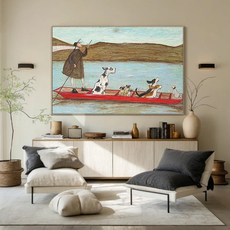 Modern Hand-Painted Canvas Wall Art, Quirky Animal Adventure Decor for Living Room