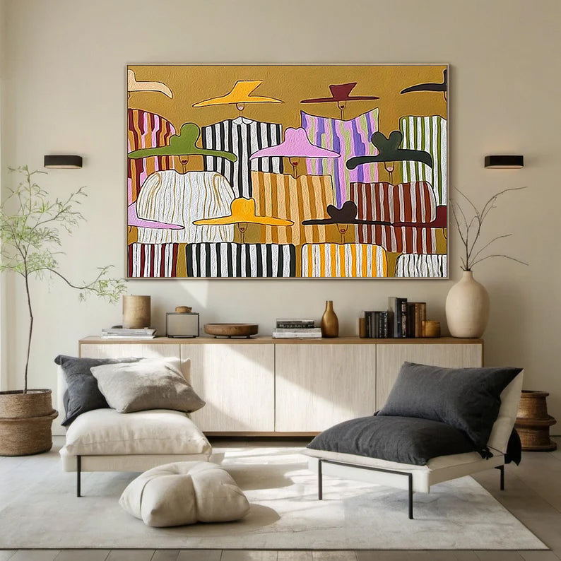 Large Abstract Pop Art Oil Painting for living room- Colorful Chic Ladies in Sun Hats 