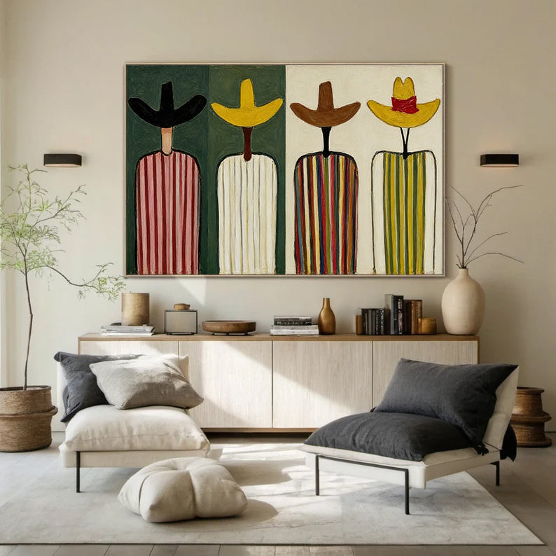 Large Abstract Cowboy Oil Painting on Canvas - Textured Mid-Century Western Wall Art