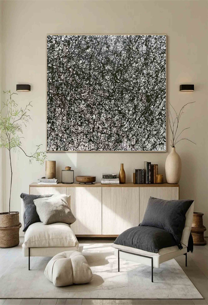 Pollock Style Abstract Art Black and White Abstract Wall Art on Canvas Jackson Pollock Style Black and White Artwork