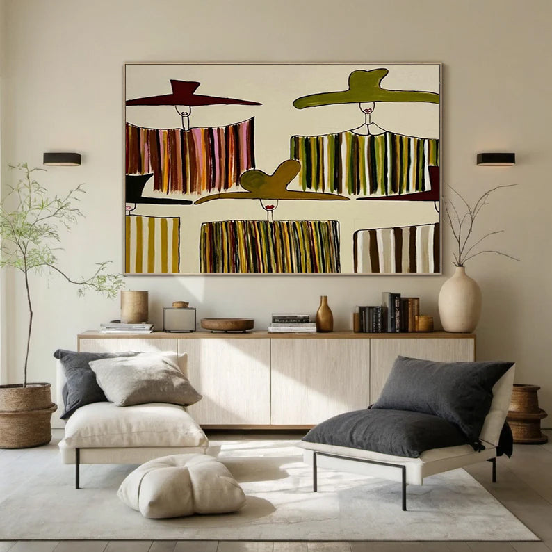Hand-painted textured women in hats painting Minimalist olive green abstract figurative art