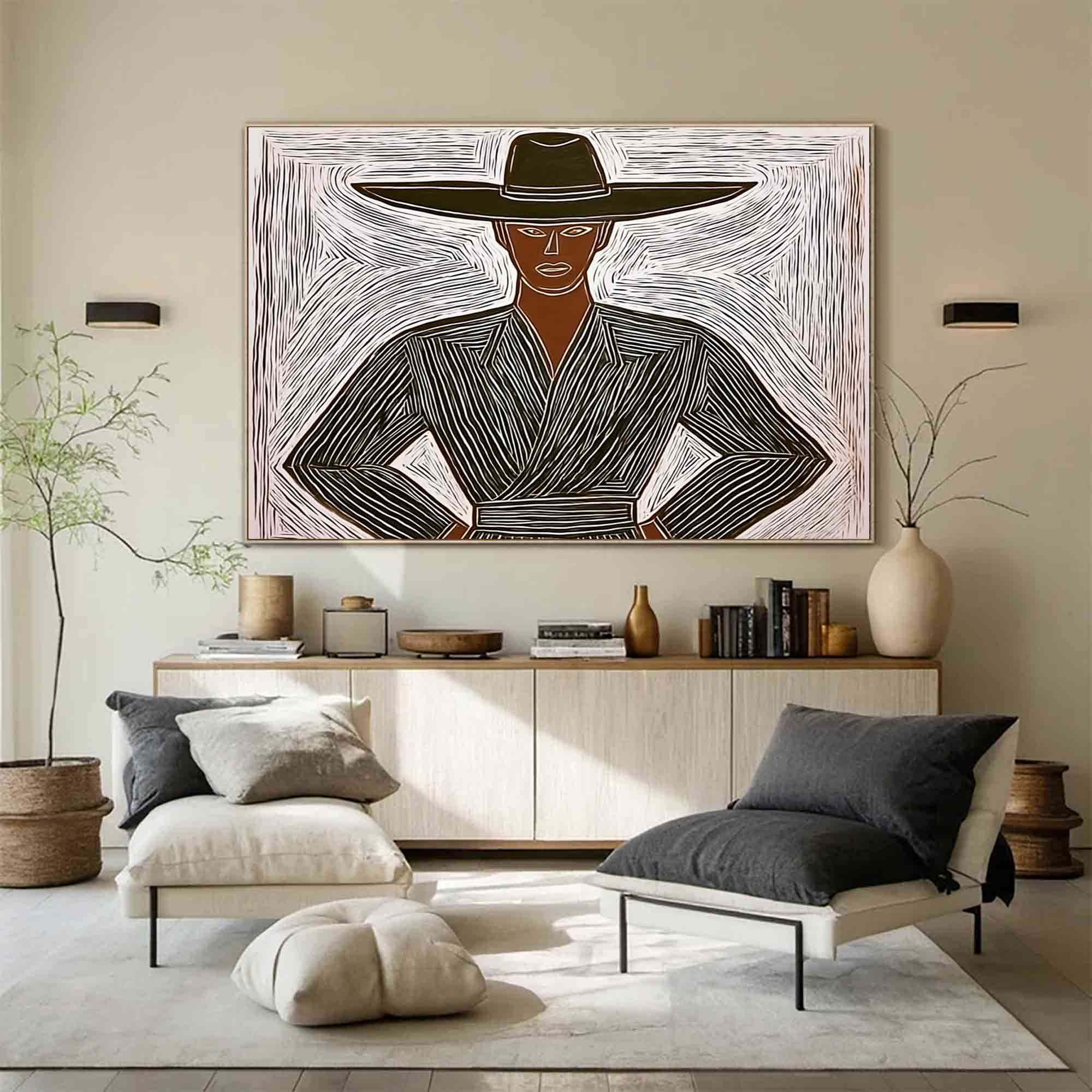Abstract cowboy wall art Large Minimalist character abstract painting