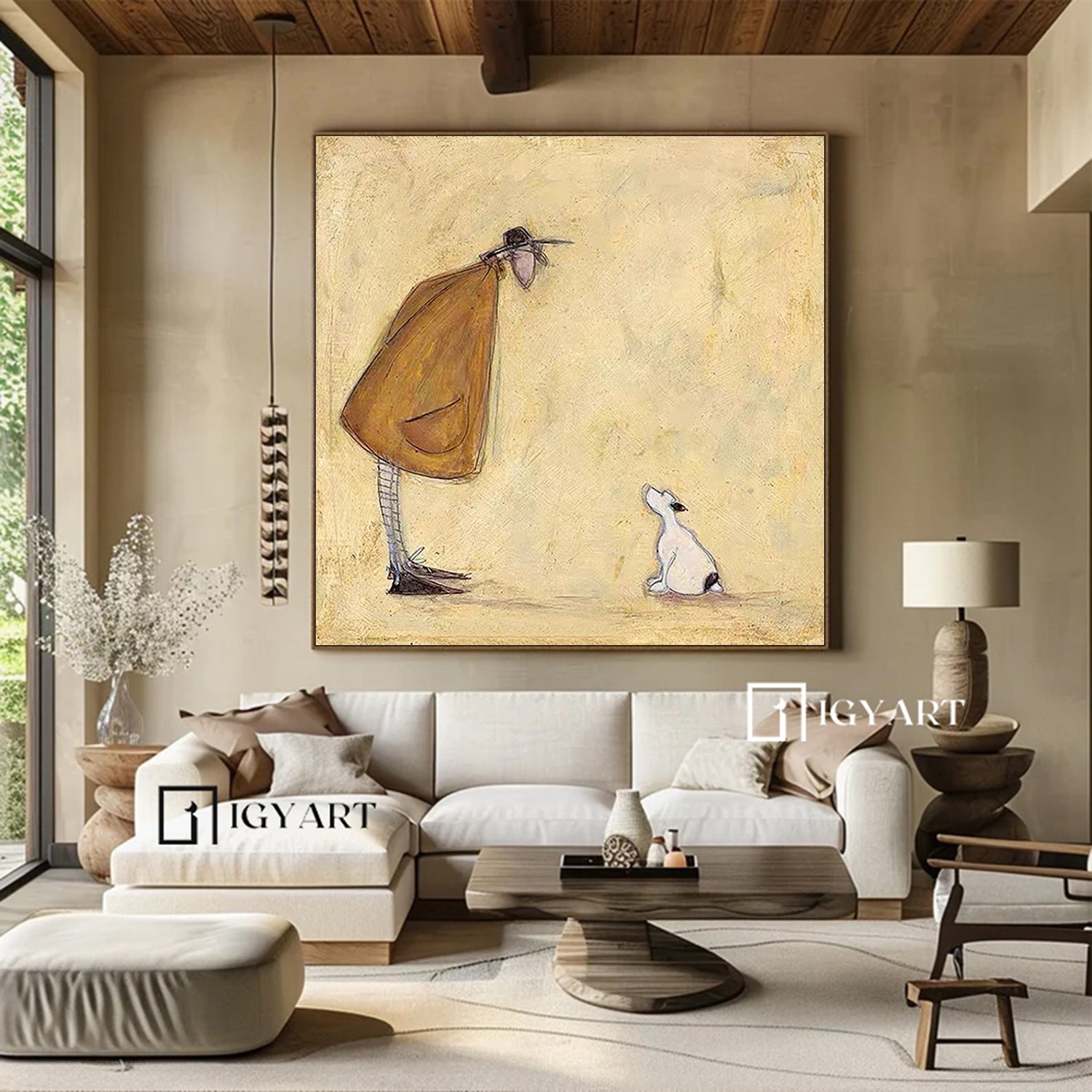 Funny Dog Lover Gift Man and Dog Art Vintage Folk Art Canvas Painting Cozy Reading Nook Art