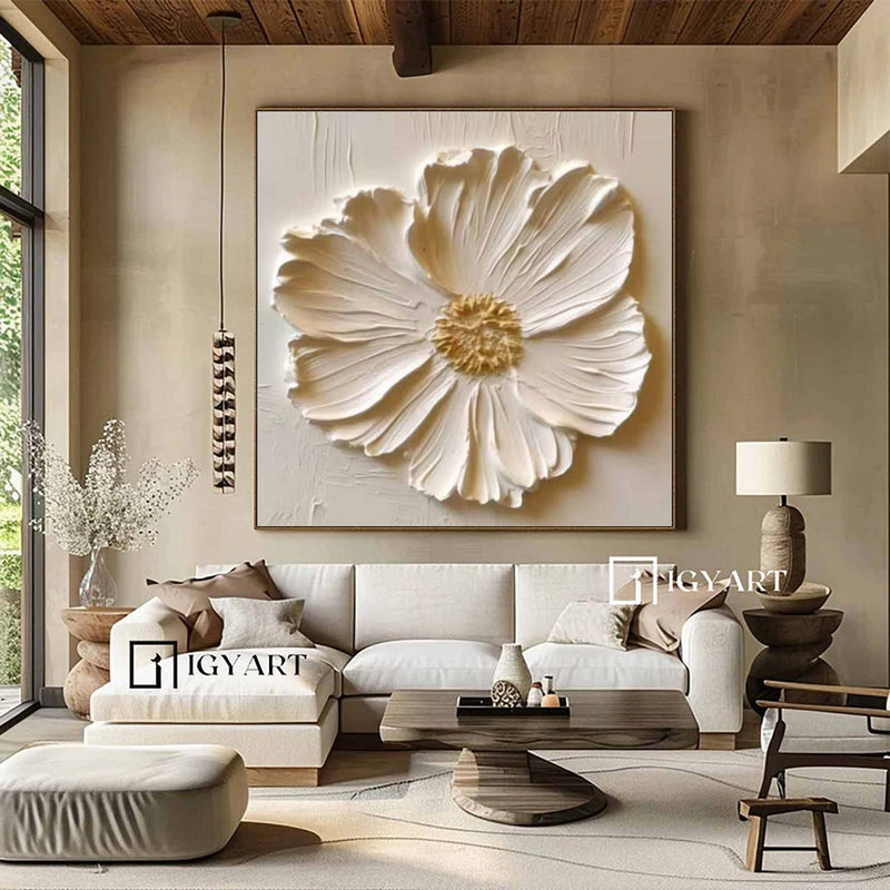 Creamy White 3D Texture Flower Painting Creamy White Minimalist Floral Painting Large 3D White Flower Painting