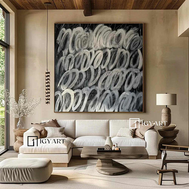 Large Black White Abstract Art Black Abstract Painting Black Abstract Painting Boho Living Room Wall Art