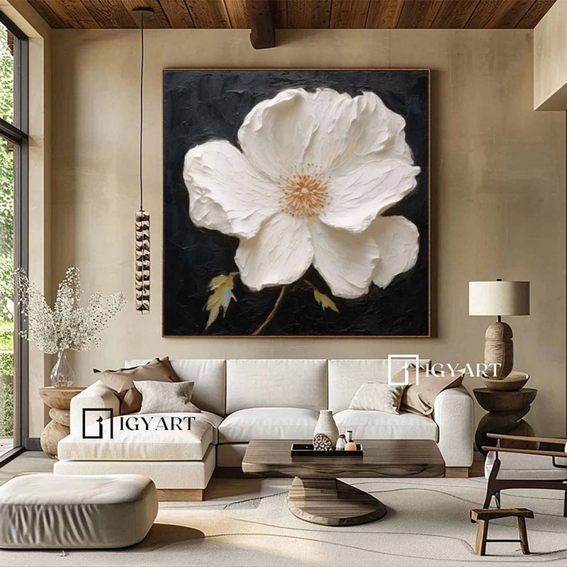 White 3D Texture Flower Painting White Minimalist Floral Painting Boho Living Room Wall Art Daisy Flower Wall Art