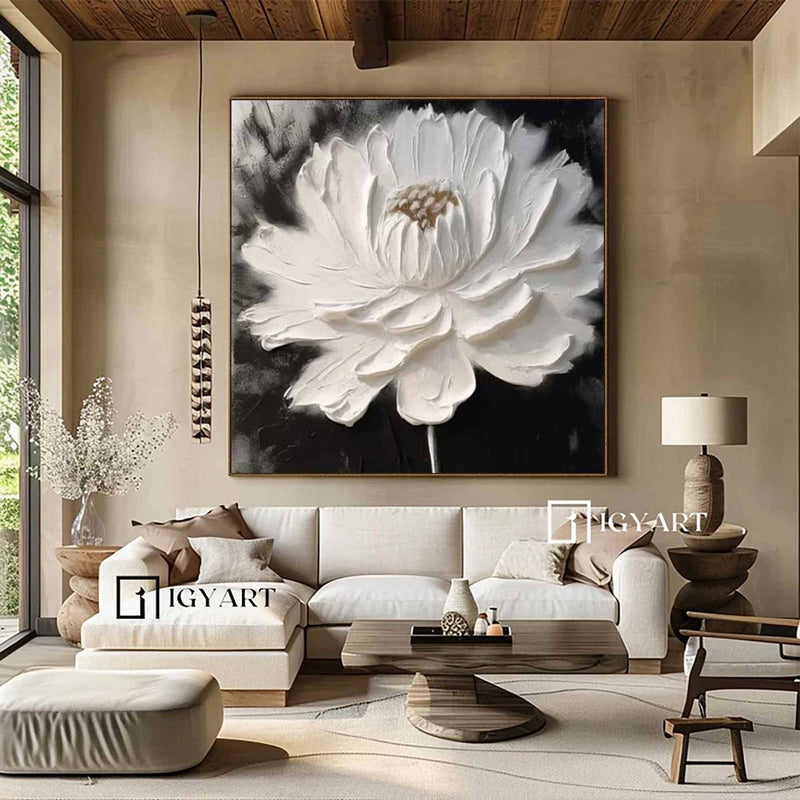 White 3D Texture Flower Painting White Minimalist Floral Painting Boho Living Room Wall Art Daisy Flower Wall Art