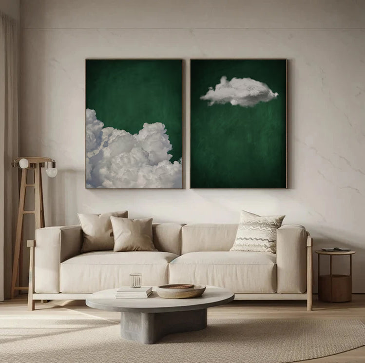 Set of 2 green art white cloud sky painting green abstract painting