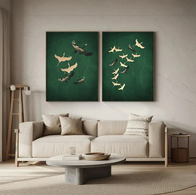 Set of 2 green art painting White crane painting, bird painting