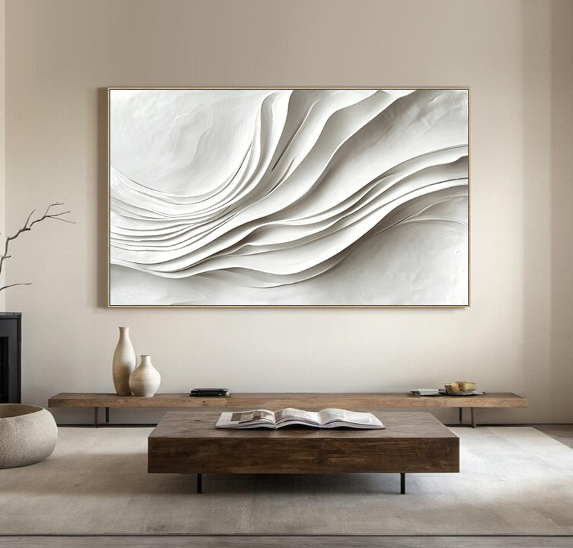 Large White 3D Textured Flowing Wave Wall Art - Modern Minimalist Wood Relief Painting for Living Room