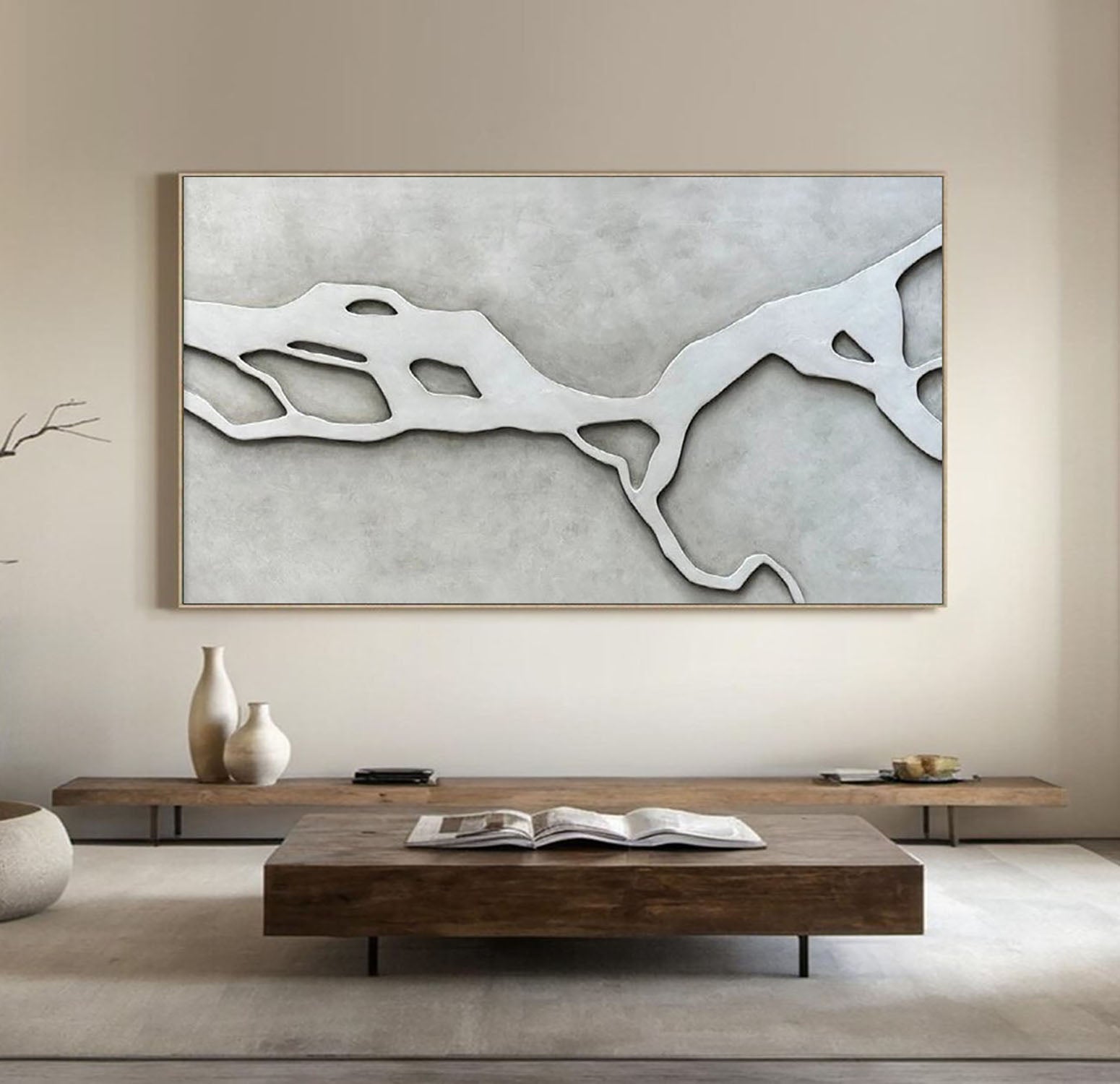 Large Grey 3D Abstract Wood Wall Art – Modern Boho Wabi Sabi for Office Wall Decor