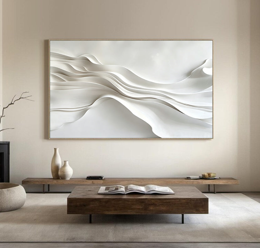 Large White 3D Abstract Wood Wall Painting Original hand-painted 3D textured wall art 