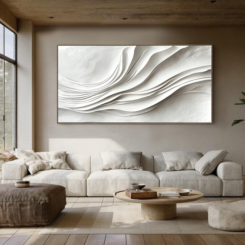 Large White 3D Textured Flowing Wave Wall Art - Modern Minimalist Wood Relief Painting for Living Room