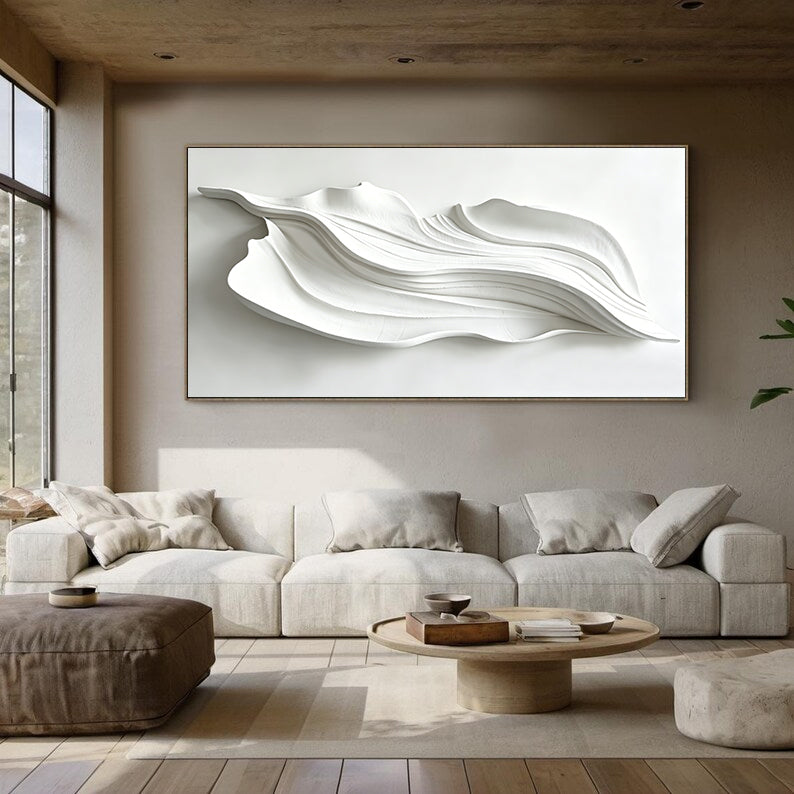 Large White 3D Abstract Wood Wall Art – Organic Flowing Carved Panel – Contemporary Japandi Style