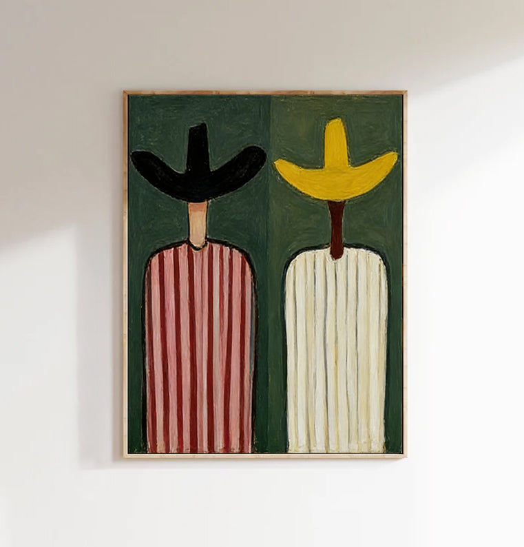 Modern Abstract Cowboy Oil Painting - Mid-century modern colorful striped figures