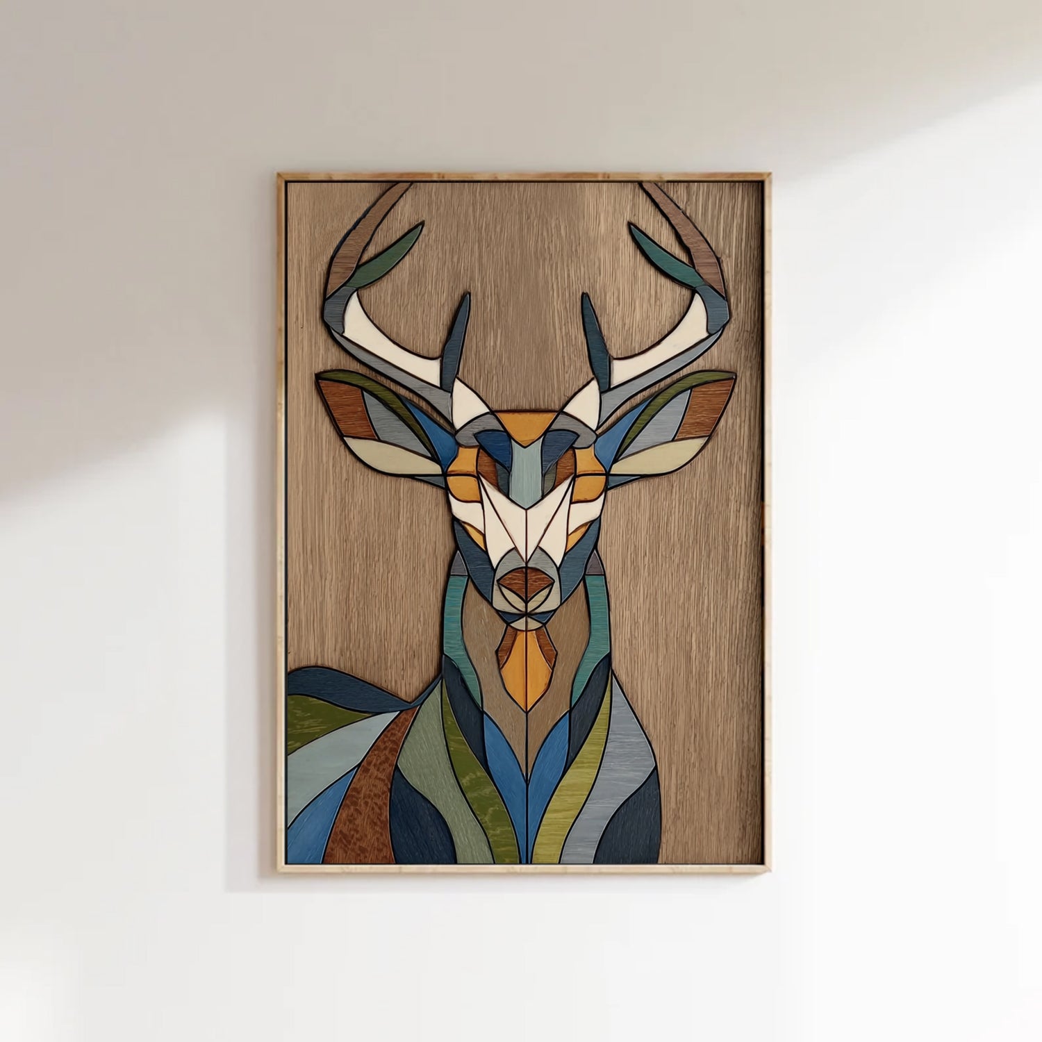 Geometric deer head wood wall art Stained wood style deer wall decor
