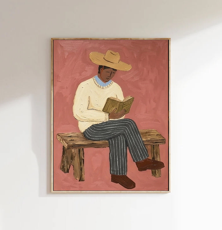 Modern Rustic Male Portrait Painting, Japandi Home Decor, Book Lover Gift Canvas