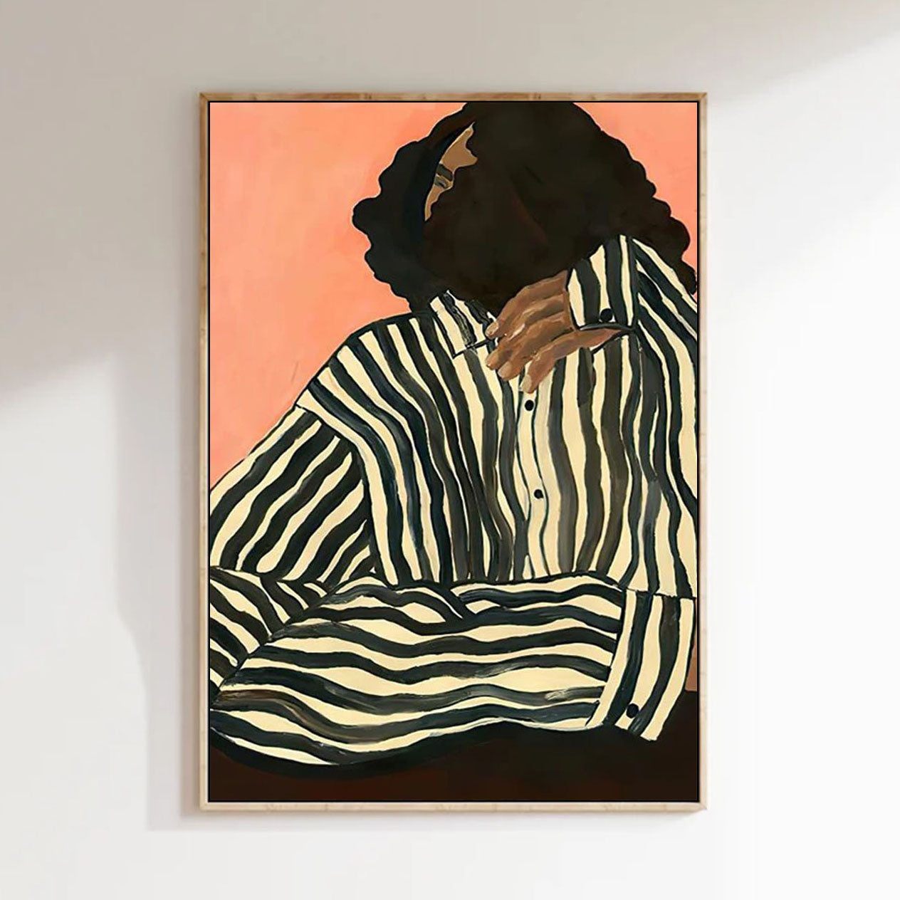 Chic Abstract Canvas Painting – Woman in Striped Shirt – Minimalist Modern Wall Art for Home