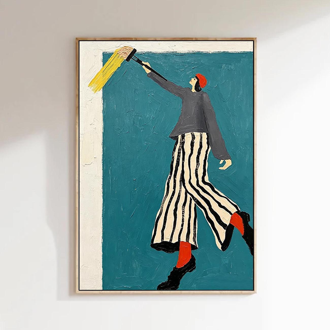 Modern Fashion Wall Art – Woman in Striped Skirt & Red Socks Canvas Painting – Chic Minimalist Home Decor, Stylish Canvas Artwork