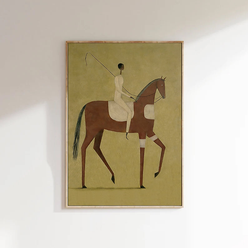Framed artwork of a horse and rider on a beige background