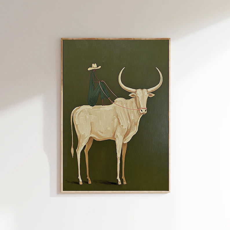 Abstract bull and Rider Wall Art - Minimalist Equestrian Painting