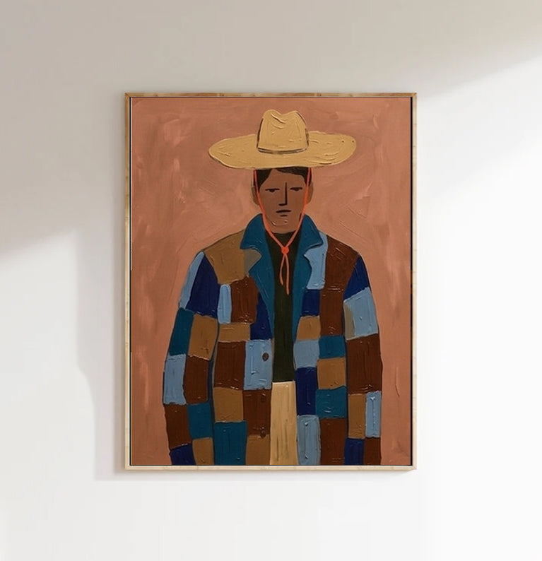 Modern Portrait Oil Painting , Abstract Man in Patchwork Jacket Canvas Art, Japandi Wall Decor