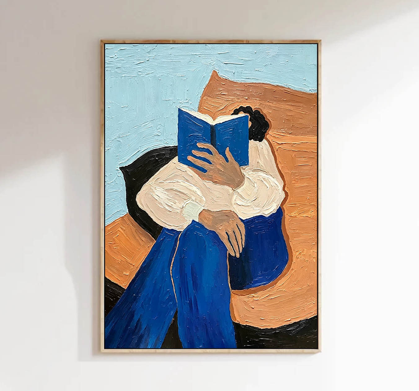 Thick Impasto Oil Painting Girl Reading Book, 3D Textured Modern Wall Art