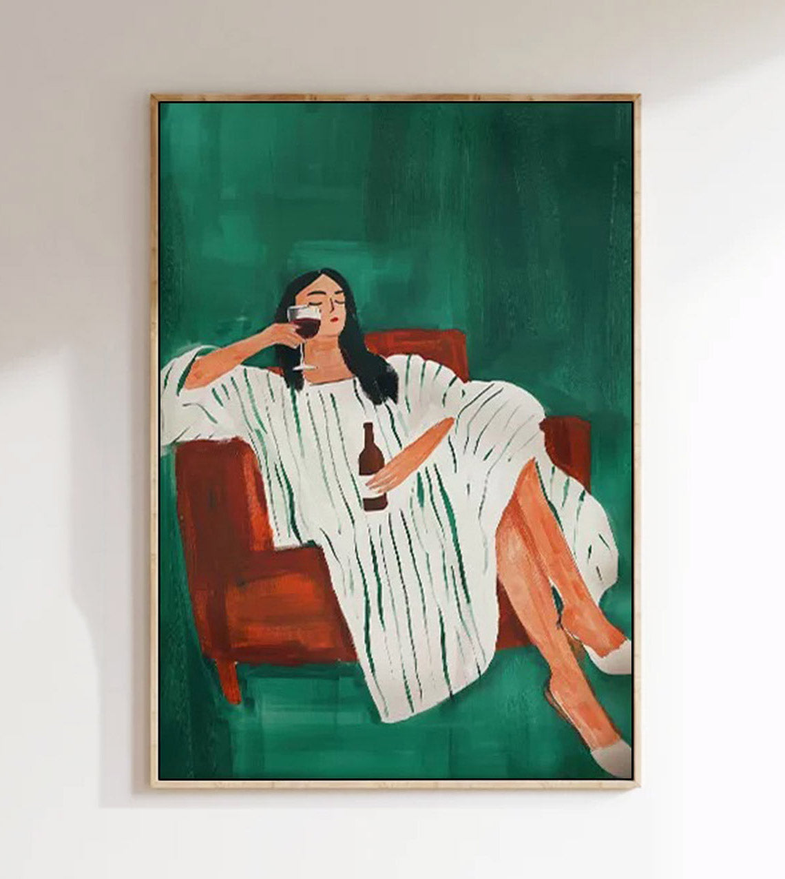 Modern Abstract Woman Lying on Sofa Art, Hand-Painted Green & White Stripes Decor