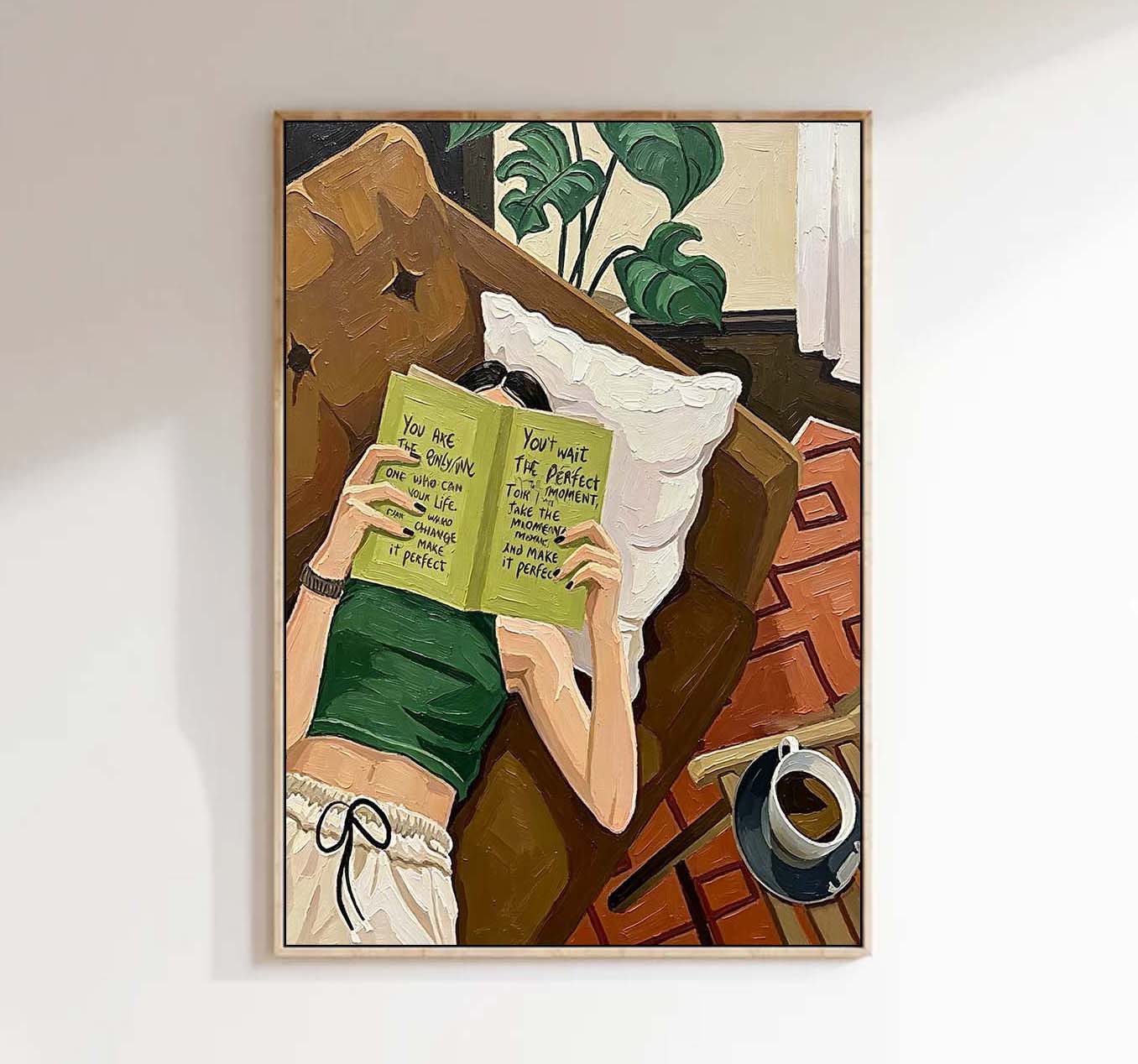 Textured Oil Painting Girl Reading Book with Quote, Modern Impasto Wall Art