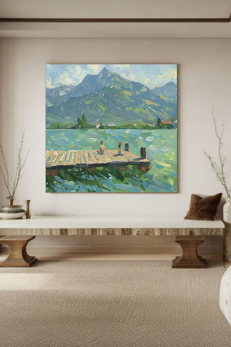 Green Abstract Landscape Oil Painting Lake Canvas Art Vintage Landscape Art Countryside Painting Custom Swimming Painting Farmhouse Wall Art