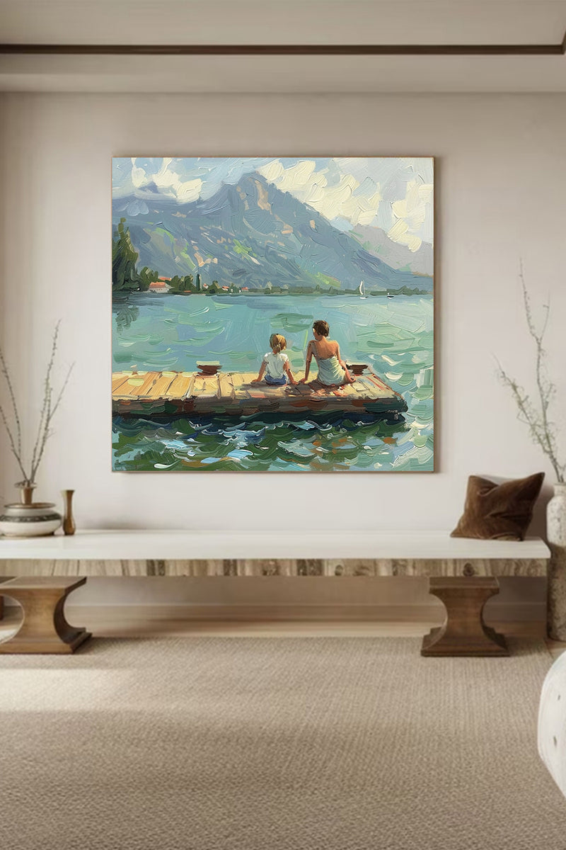 Green Abstract Landscape Oil Painting Lake Canvas Art Vintage Landscape Art Countryside Painting Custom Swimming Painting Farmhouse Wall Art