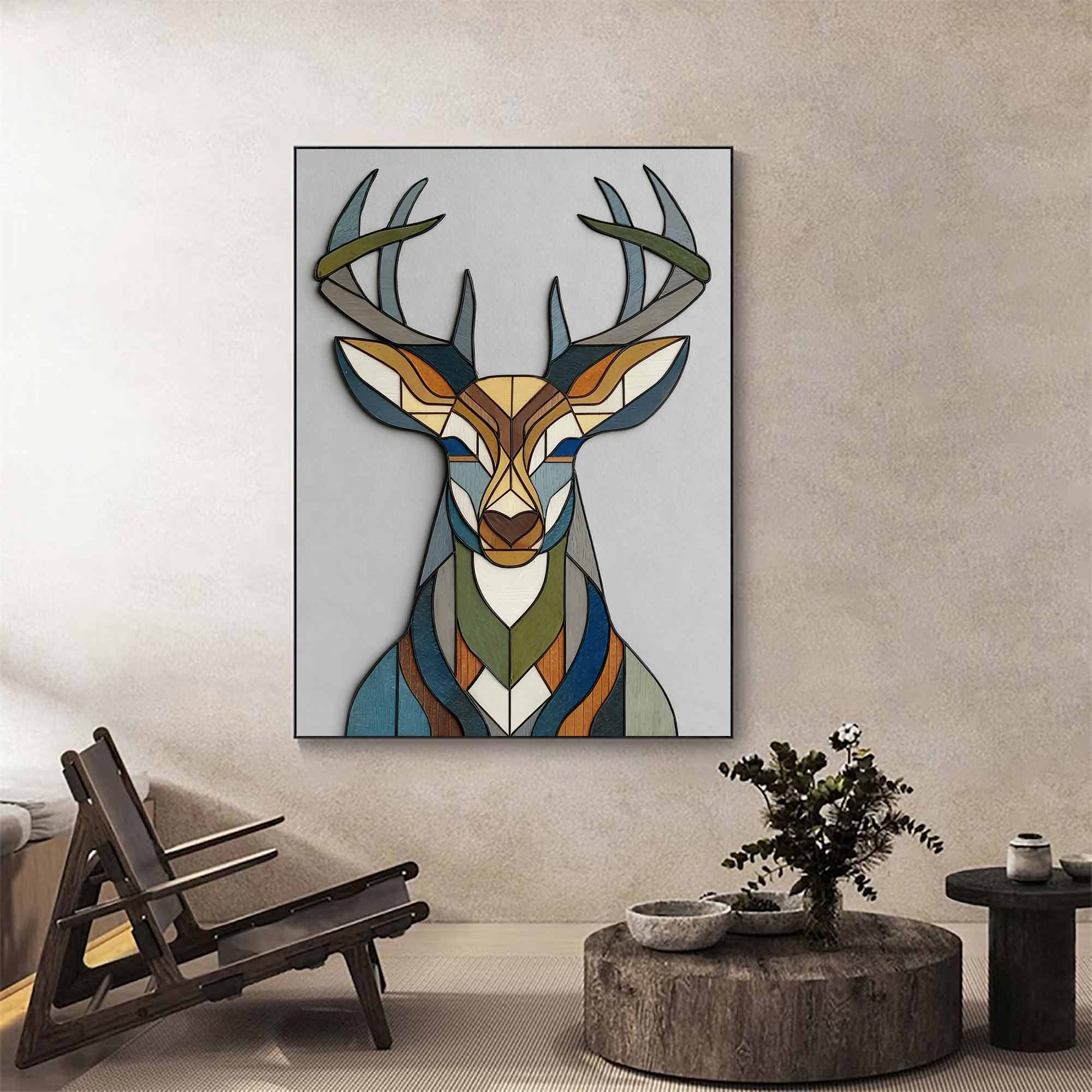 Geometric deer head wood wall art Stained wood style deer wall decor